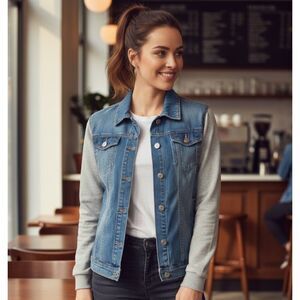 Wear Jeans Denim Jacket with Sweatshirt Sleeves Womens Size L